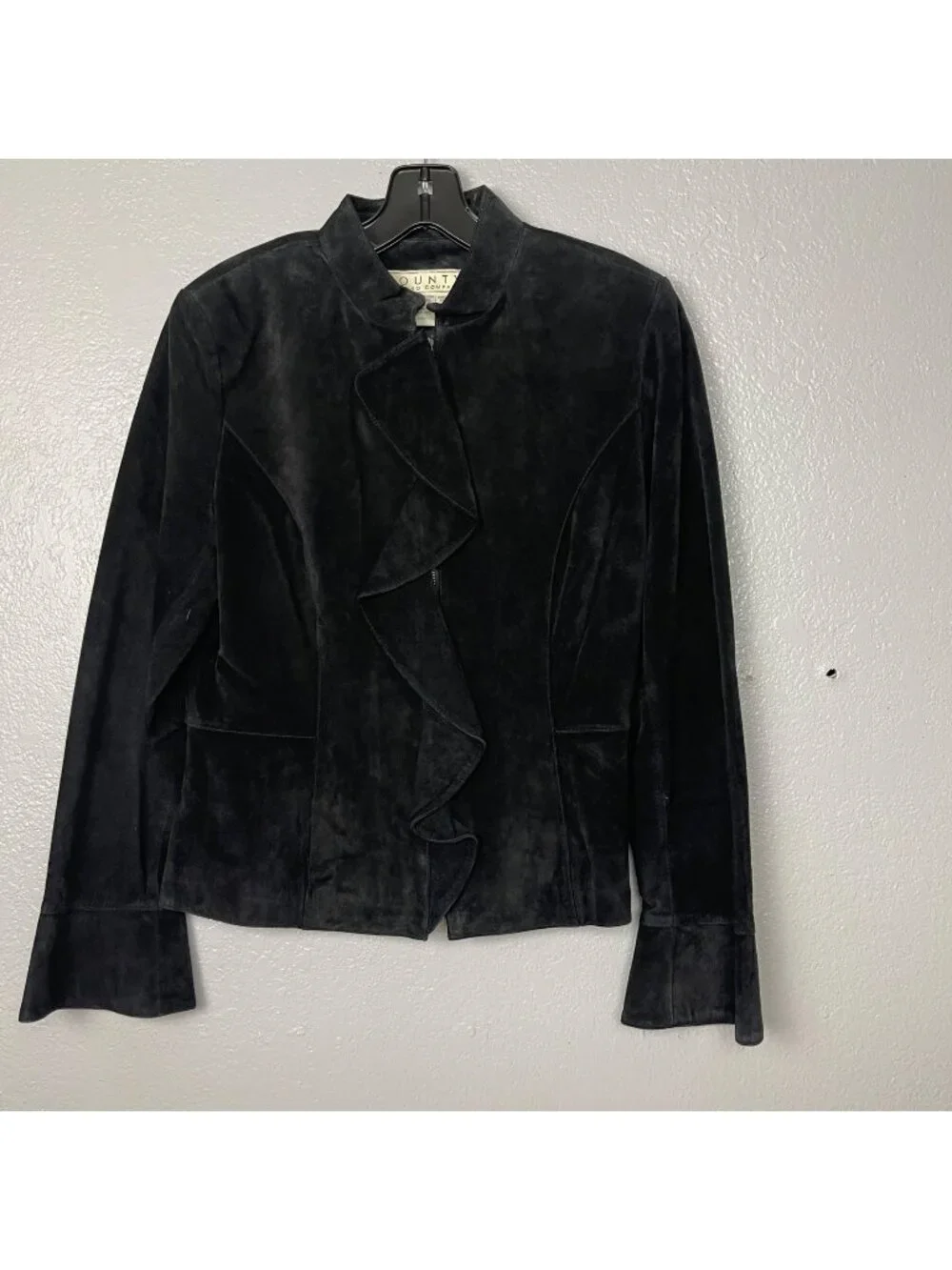 Country Clothing Company 100% Suede Leather Coat Size Medium Black Ruffle Placke - Picture 1 of 3